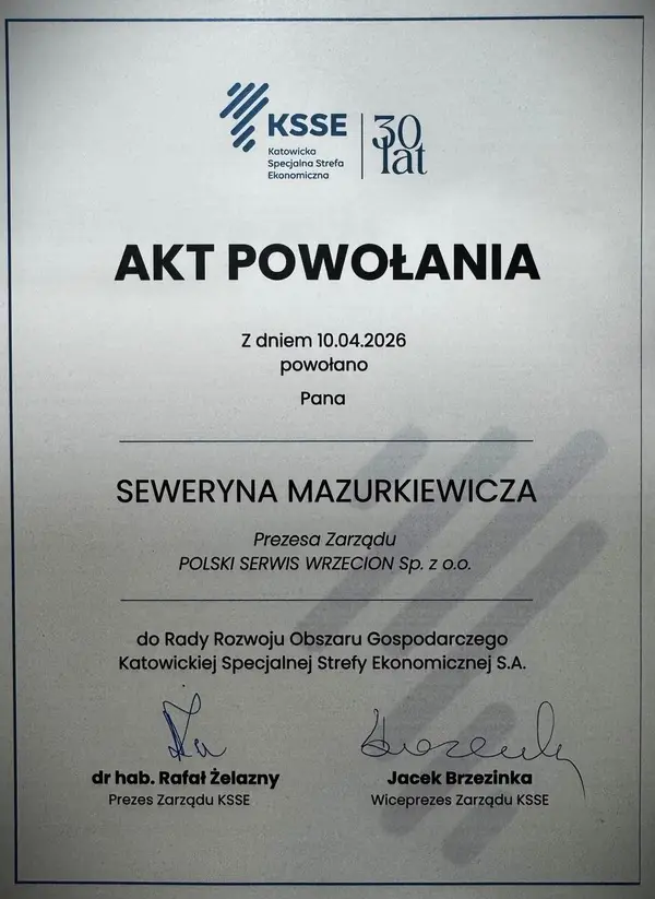 Listina o vymenovaní Seweryna Mazurkiewicza do Rady pre rozvoj hospodárskej oblasti KSSE