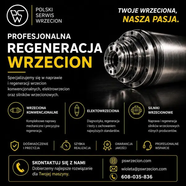 Grafika PSW v poľštine: „Profesionálna regenerácia vretien“ s elektrovretenom a kontaktnými údajmi