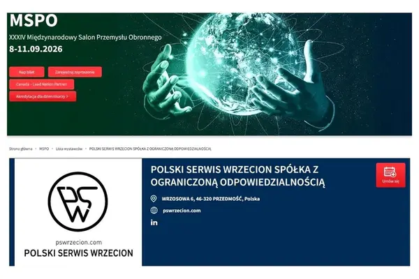 Profilová karta Polski Serwis Wrzecion v zozname vystavovateľov MSPO 2026