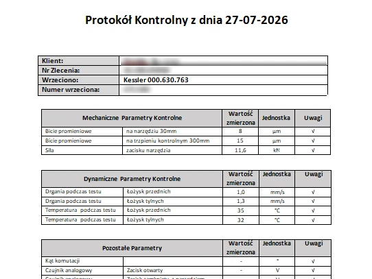 Protokół kontrolny wrzeciona Kessler: bicie promieniowe, siła zacisku narzędzia, drgania i&nbsp;temperatury łożysk (dane klienta zamazane)